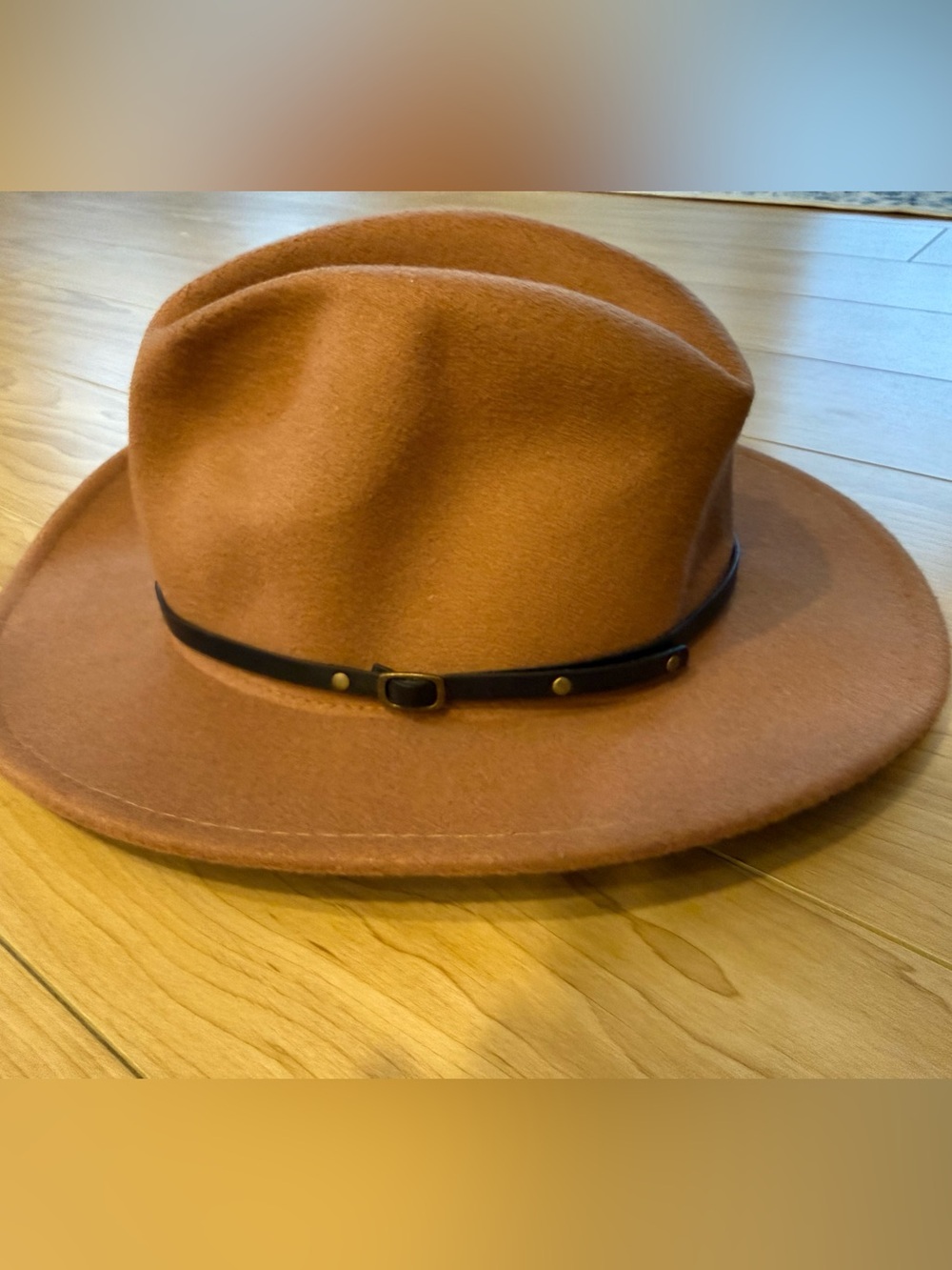Wide Brim Felt Fedora Hat in Camel with Black Band